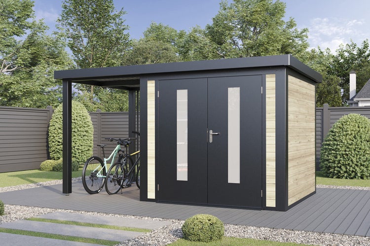 Gartenhaus mit integriertem Carport und Doppeltür mit Lichtausschnitten aus Metall und Holzelementen in modernem Design auf einer Terrasse.