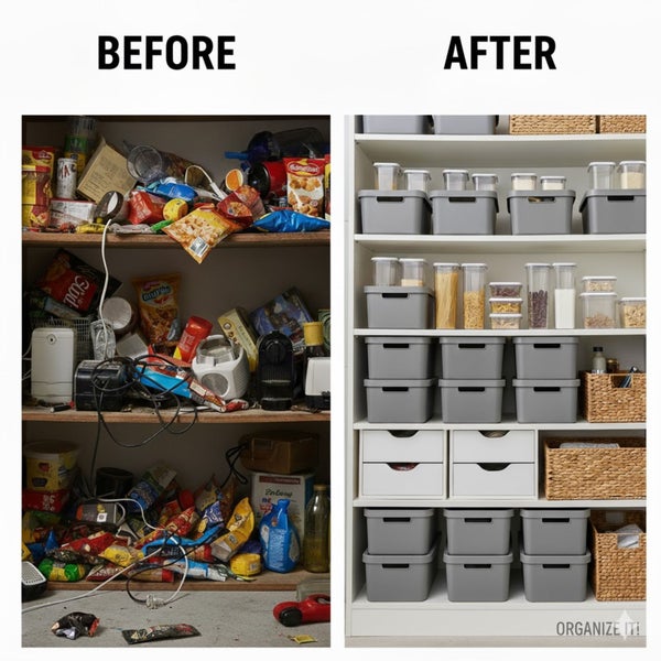 Vorher-nachher-Ansicht eines Regalschranks, der von unordentlich zu ordentlich mit Aufbewahrungsboxen und Körben umgestaltet wurde.