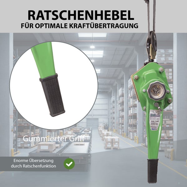 Hebelzug mit Ratschenfunktion und gummiertem Handgriff für hohe Kraftübertragung, maximale Traglast 3000 Kilogramm.