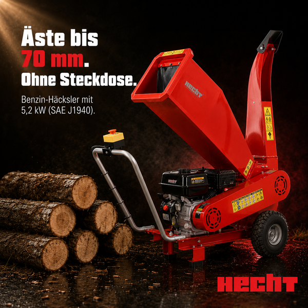 Benzin-Häcksler von Hecht mit 5,2 Kilowatt Leistung für Äste bis 70 Millimeter Durchmesser, inklusive Transportgriff, Rädern und Hecht Logo.