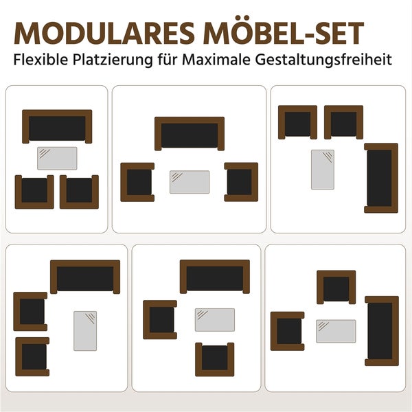 Darstellung verschiedener Anordnungsmöglichkeiten eines modularen Möbelsets.
