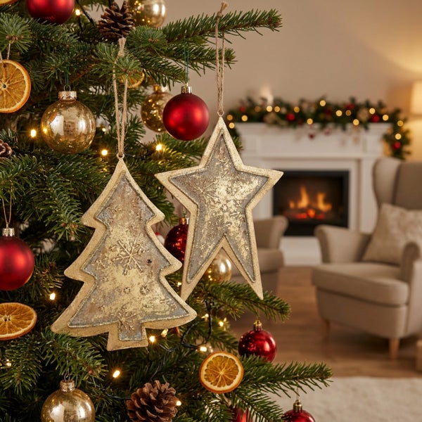 Weihnachtsbaum geschmückt mit Baumschmuck aus Metall in Stern und Tannenbaum Form sowie Kugeln und getrockneten Orangenscheiben in einem Wohnzimmer.