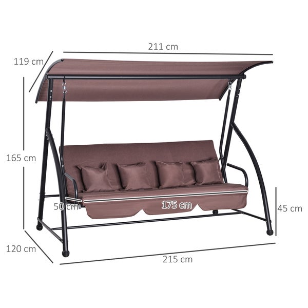 Outsunny Hollywoodschaukel, Gartenschaukel, 3 sitzer mit verstellbarem Dach, 215 x 120 x 165 cm, Polyester, Braun