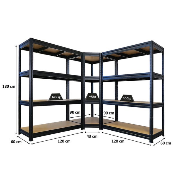 Eckregal aus Metall mit Holzplatten, Höhe 180 Zentimeter, Tragkraft bis zu 600 Kilogramm pro Boden.