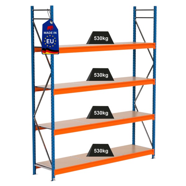 Lagerregal mit vier Ebenen und einer Traglast von 530 Kilogramm pro Ebene, Hergestellt in der EU Kennzeichnung