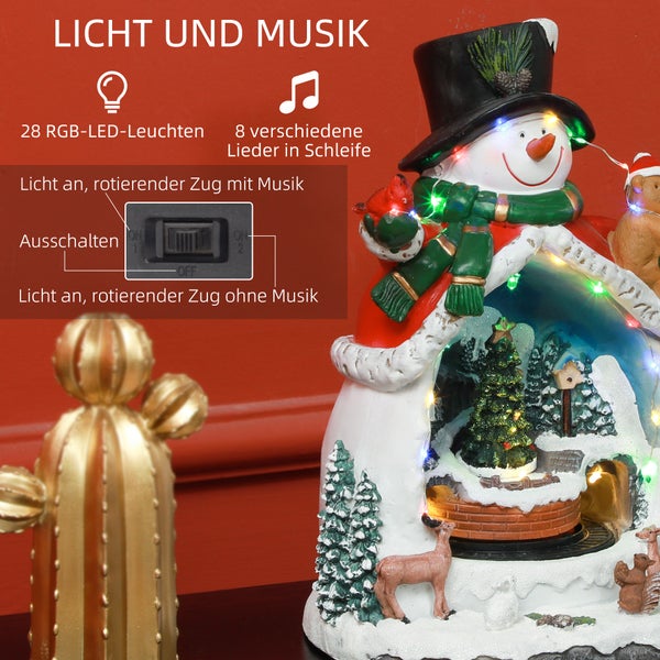 HOMCOM Weihnachtsdorf mit LED-Leuchtung, 24 cm Weihnachtsstadt mit Musik, Schneemann, Weihnachtsbaum und beweglicher Zug, Winterlandschaft für Weihnachten, Mehrfarbig