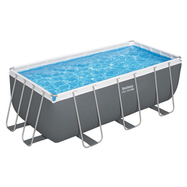 Rechteckiger Bestway Steel Pro MAX Rahmenpool mit grauer Außenwand und blauem Wasser.