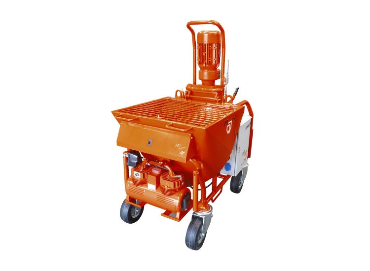 PFT G4 smart Mischpumpe in Orange aus Metall mit Einfülltrichter, Motor, Kompressor und Rollen.