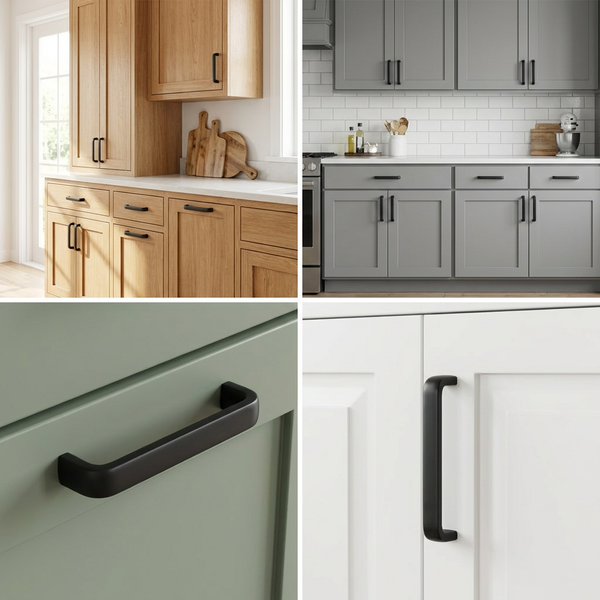 Collage von Küchenschränken mit schwarzen Griffen in verschiedenen Ausführungen.