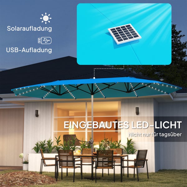 Outsunny Doppelsonnenschirm mit Solar LED Lichtern 451x267 cm Aluminium UV 50+ Sonnenschirm mit Handkurbel, Balkonschirm windfest Marktschirm Sonnenschutz für Strand Balkon Garten, Blau