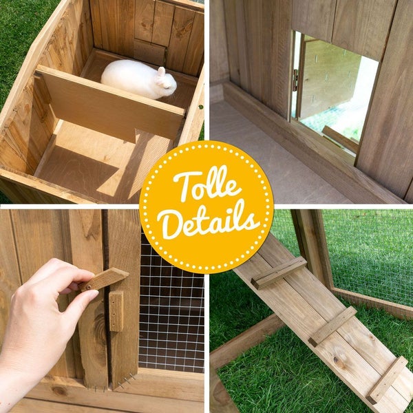 Details eines Kleintierstalls aus Holz mit Innenfach, kleiner Tür, Holzriegel und Rampe.