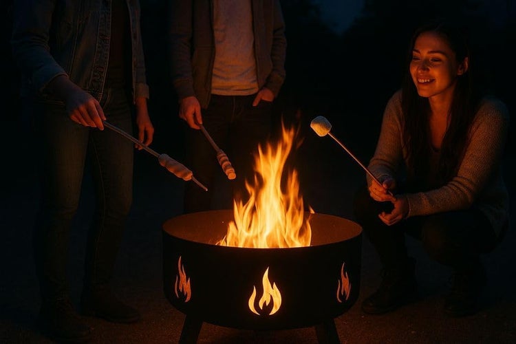 Gruppe von Menschen röstet Marshmallows und Stockbrot über einer Feuerschale