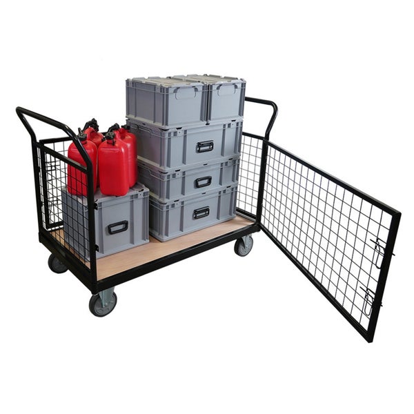 Transportwagen mit Gitter und Kunststoffboxen