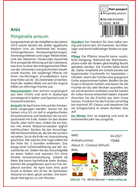 SAFLAX  - Anis - Pimpinella anisum - 200 Samen