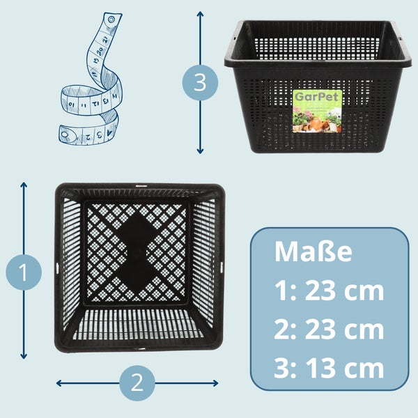 Abbildung eines schwarzen Pflanzkorbs mit den Maßen 23 mal 23 mal 13 Zentimeter und GarPet Logo