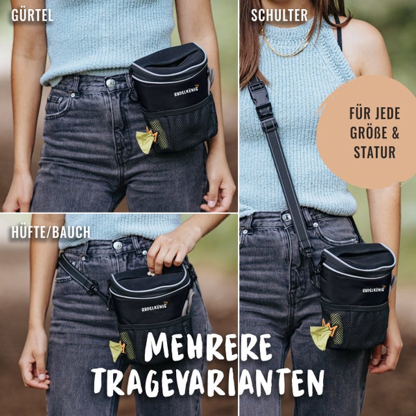 Verschiedene Tragevarianten einer schwarzen Hundefuttertasche mit Rudelkönig Logo.
