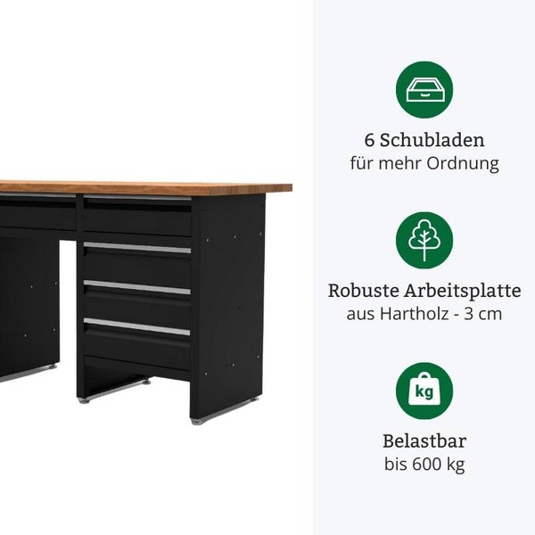Werkbank mit sechs Schubladen und einer robusten 3 cm starken Hartholz-Arbeitsplatte, belastbar bis 600 kg.
