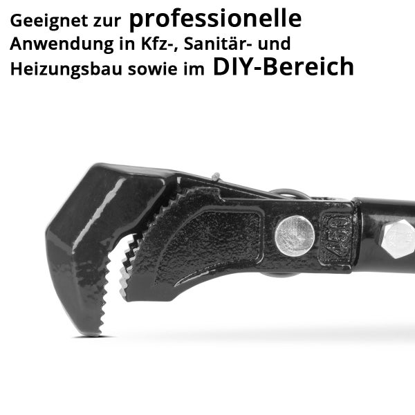 Schwarze Rohrzange aus Metall für professionelle Anwendungen im Kraftfahrzeugbau, Sanitärbau, Heizungsbau und Heimwerkerbereich.