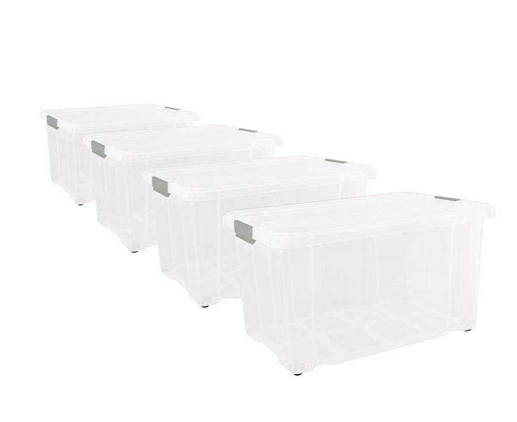 4er Set Eurobox mit Deckel und Rollen 60 x 40 x 33 cm - Transparente Kunststoffbox, Griffe in Silberfarben