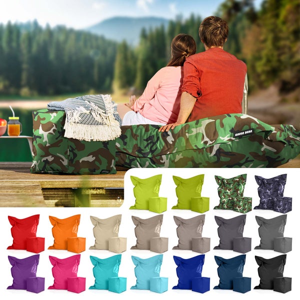 Green Bean 2er Set XXL Sitzsack inkl. Pouf fertig befüllt mit EPS-Perlen - Riesensitzsack 140x180 Lounge Sitz-Kissen Bean-Bag Chair  - Camouflage