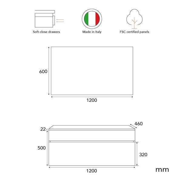 Maßzeichnung eines Waschtischunterschranks mit Soft-Close-Auszügen, in Italien gefertigt und aus FSC-zertifizierten Platten hergestellt.
