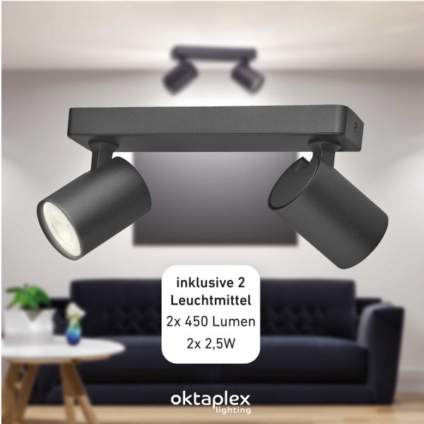 Bora Deckenstrahler LED GU10 450lm 2,5W warmweiß 2-flammig schwenkbar schwarz trendige Deckenleuchte für modernes Wohnen