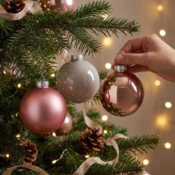 Hand hängt eine glänzende Weihnachtskugel in einen Weihnachtsbaum mit Tannenzweigen und Lichterkette.