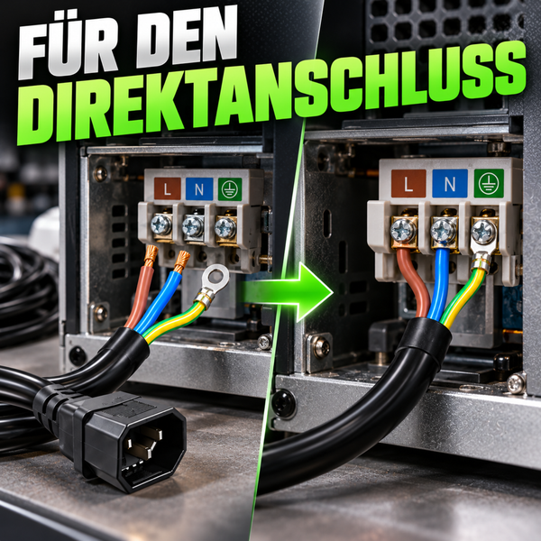 Darstellung des elektrischen Direktanschlusses eines Gerätekabels mit Aderendhülsen und Kabelschuh an eine Anschlussklemme.