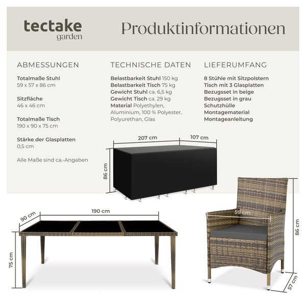 Infografik für ein Tectake Gartenmöbel-Set mit Maßen für Stuhl, Tisch und Schutzhülle sowie technischen Daten und Lieferumfang.