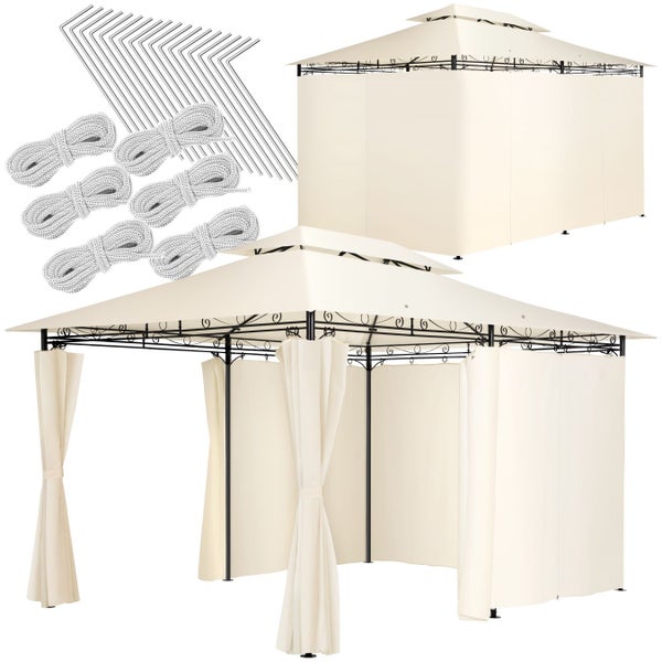 Pavillon mit Vorhängen, Abspannleinen und Heringen