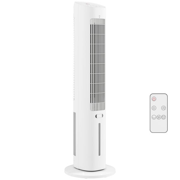 Weißer Turmventilator mit Fernbedienung und vertikalem Lüftungsgitter auf rundem Standfuß.
