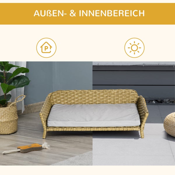 PawHut Rattan Hundesofa, 84B x 53T x 25H cm, Stahl, Oxford, PE-Rattan, Schaumstoff, Gelb+Grau