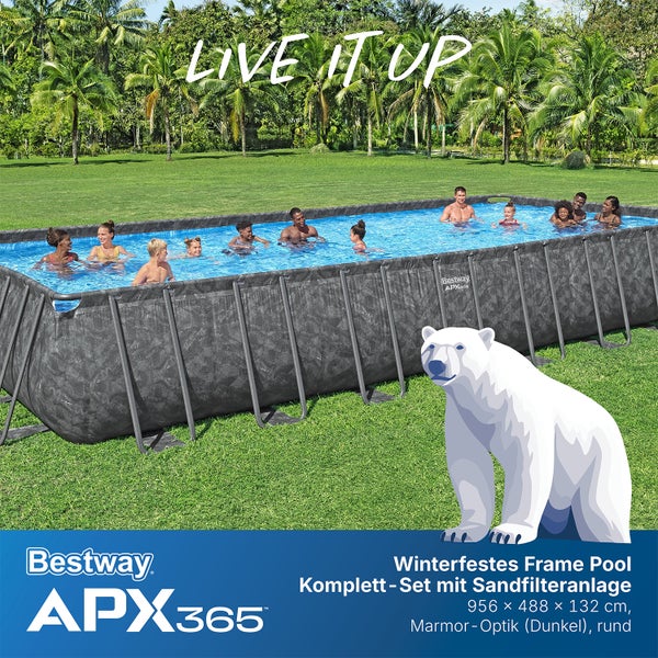 Winterfester Frame Pool komplett mit Sandfilteranlage von Bestway, Größe 956 x 488 x 132 Zentimeter, Marmor Optik dunkel, rund