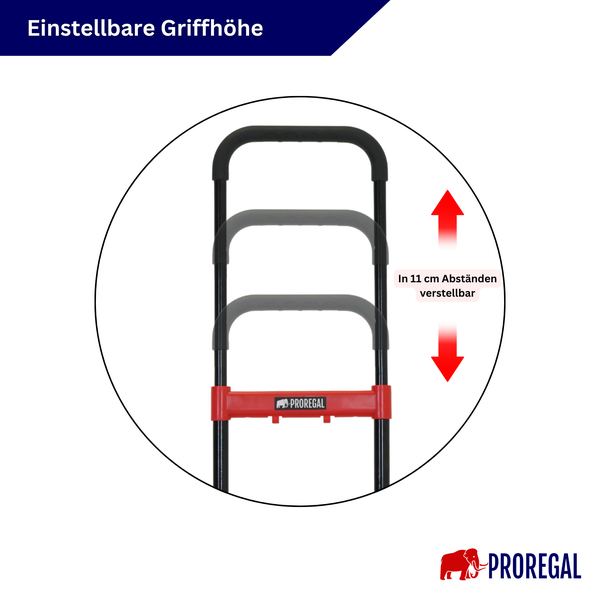 Proregal Sackkarre mit einstellbarer Griffhöhe in 11 Zentimeter Abständen.