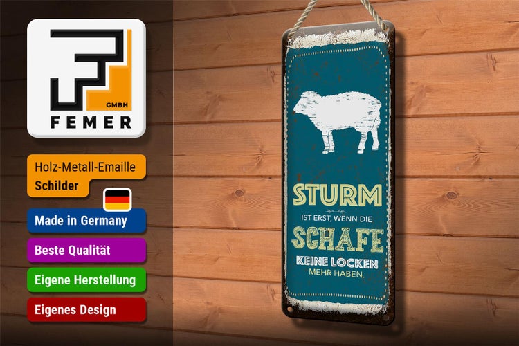 Blechschild Spruch Sturm wenn Schafe keine Locken 10x27cm