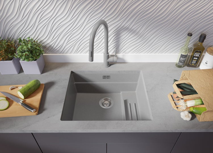 PRIMAGRAN Unterbauspüle Granit Grau 56x47cm, Spülbecken 1 Becken + Ablauf-Set + Aufrollbare Abtropffläche, Granitspüle ab 60er Unterschrank - Praga