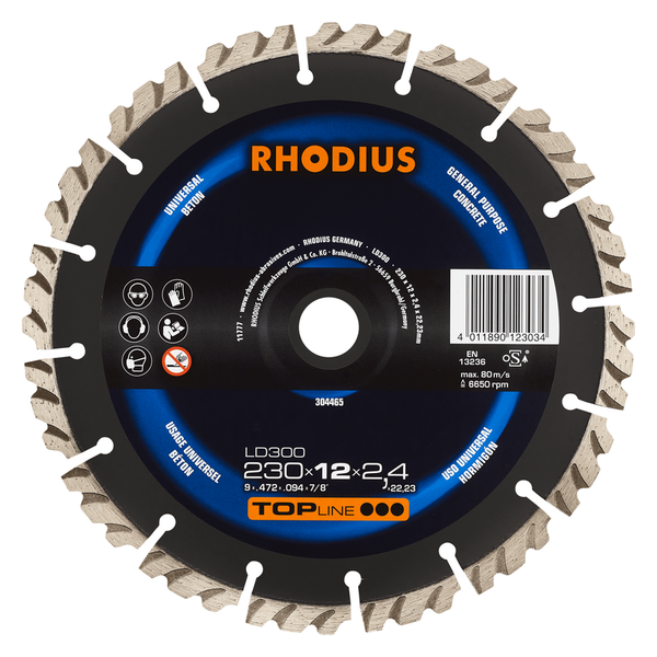 RHODIUS Diamanttrennscheibe LD300, 1 Stück, 230 x 12,0 x 2,4 x 22,23 mm für Beton, TOPline