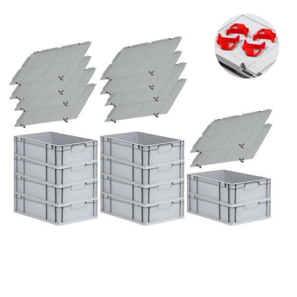 PROREGAL Spar Set 10x Eurobox Nextgen Economy Mit Auflagedeckel & 4x Schiebeschnappverschlüsse Rot Griffe Geschlossen HxBxT 17 x 40 x 60 cm 34 Liter