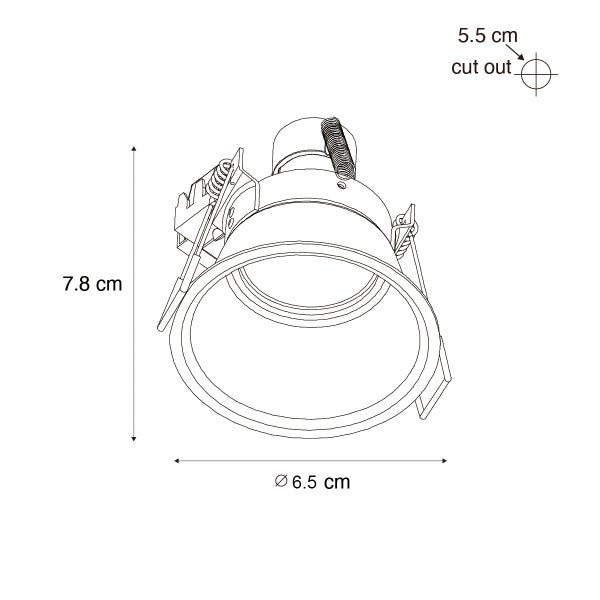 Technische Zeichnung eines Einbaustrahlers mit Maßen: Höhe 7,8 Zentimeter, Durchmesser 6,5 Zentimeter, Lochausschnitt 5,5 Zentimeter.