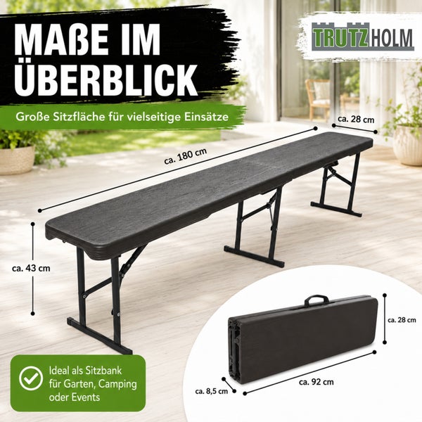 Trutzholm klappbare Gartenbank mit 180 Zentimeter Länge und Maßen im Überblick auf einer Terrasse.