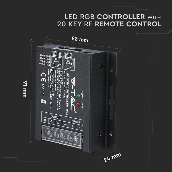 LED RGB Steuerung mit 20 Tasten Funkfernbedienung und den Abmessungen 91 mm x 88 mm x 24 mm