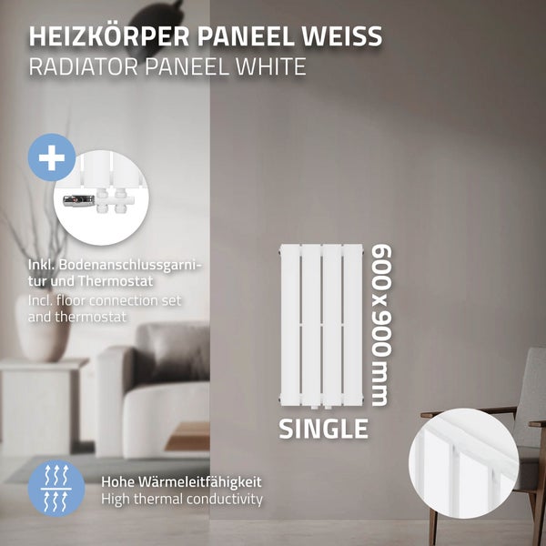 ML-Design Paneelheizkörper Einlagig 600 x 300 mm Weiß Mittelanschluss mit Bodenanschlussgarnitur Durchgangsform Multiblock & Thermostat, Badheizkörper Vertikal Designheizkörper Flachheizkörper Heizung