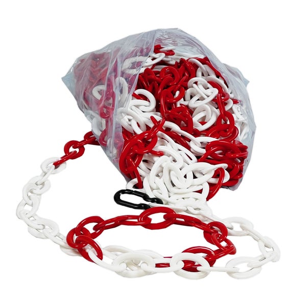 UvV Absperrkette Kunststoff Style Oval 25 Meter mit 8mm Stärke in rot und weiß + 2 schwarze Haken