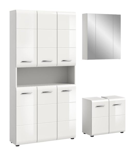 Dreiteiliges Badezimmermöbel Set in Weiß Hochglanz bestehend aus Hochschrank, Spiegelschrank und Waschtischunterschrank.