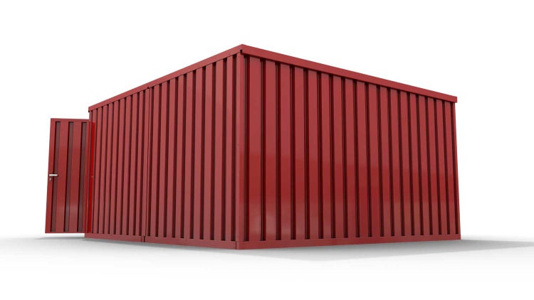 Lagercontainer Gerätehaus M2  – 12 qm, H2150 x B3050 x T4340 mm, Außenwandlackierung RAL 3000 feuerrot, Dach außen verzinkt, mit Holzfußboden, 2750 mm Doppelflügeltür mittig in Stirnseite, montiert