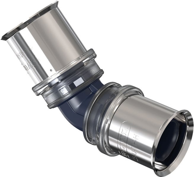 Press-Winkel 45 Grad aus Metall und Kunststoff für Rohrsysteme.