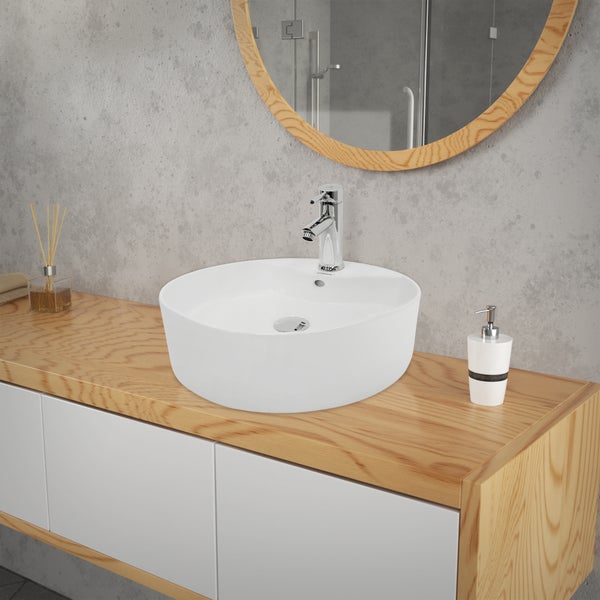 ECD Germany Waschbecken Waschtisch Ø 460 x 155 mm aus Keramik Weiß inkl. Ablaufgarnitur für Waschbecken mit Überlauf Aufsatzbecken Aufsatzwaschbecken Aufsatzwaschtisch Waschschale Spülbecken Becken