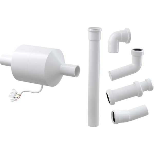 Dezentrale Wohnraumlüftung Set mit Wärmerückgewinnung, Ventilator mit Kabel sowie verschiedene Rohre und Bögen aus weißem Kunststoff.