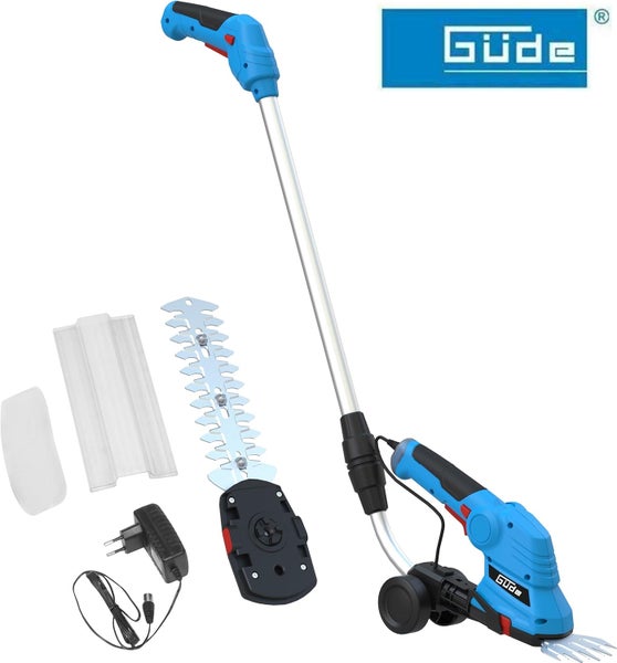 Güde Akku-Gras- und Strauchschere mit Teleskopstiel, fahrbar, inklusive Strauchmesser-Aufsatz, Messerschutz und Ladegerät.