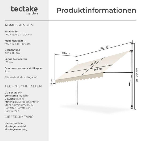 Klemmmarkise tectake  einfache Montage mit Handkurbel beige